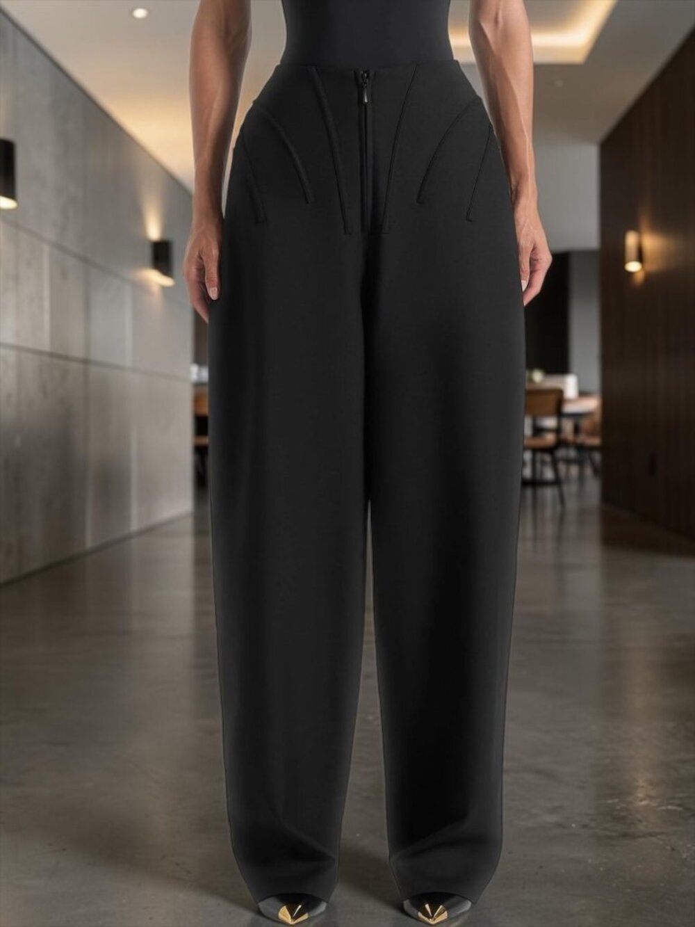 Maniere De Voir Rena Pant 2 Black High Waisted Corset Sculptural Pants NEW